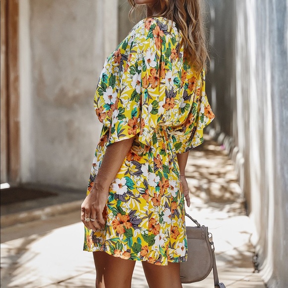 ♦️Floral Tie Waist Ruffled Dress Yellow - Picture 3 of 7